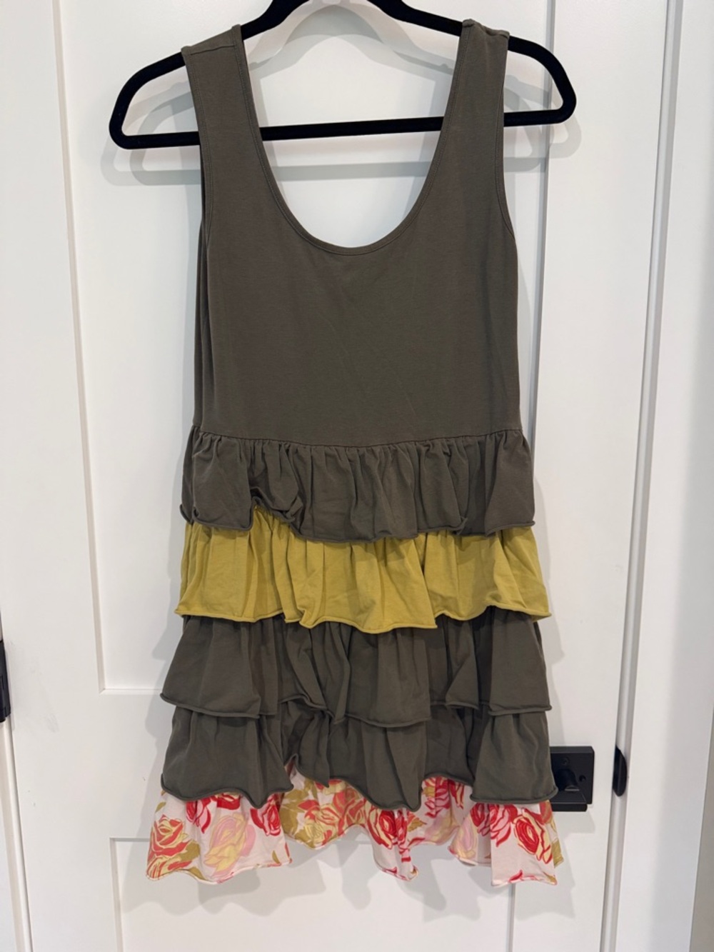 Matilda Jane Olive Green Tiered Mini Dress with Yellow and Floral Ruffle